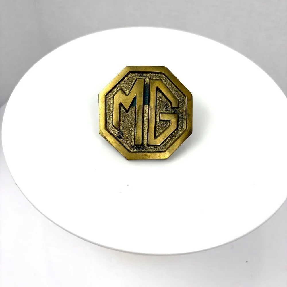 Vintage MG Motor Cars Solid Brass Belt Buckle Octagon Logo Automotive Accessory